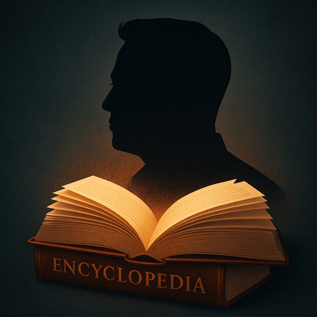 IMAGE: A glowing encyclopedia casting the dark silhouette of Elon Musk above it, symbolizing control of collective knowledge through AI