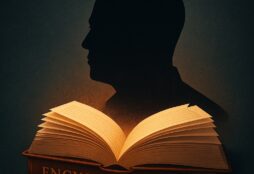 IMAGE: A glowing encyclopedia casting the dark silhouette of Elon Musk above it, symbolizing control of collective knowledge through AI