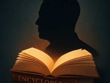 IMAGE: A glowing encyclopedia casting the dark silhouette of Elon Musk above it, symbolizing control of collective knowledge through AI