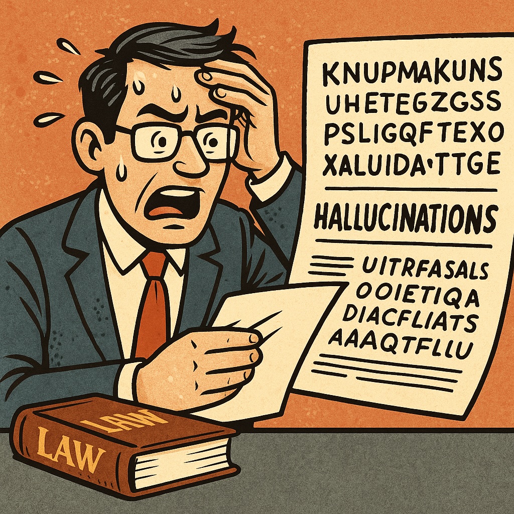 IMAGE: A cartoon-style illustration of a panicked lawyer holding a nonsensical legal document labeled “HALLUCINATIONS,” symbolizing the dangers of AI-generated errors in professional settings 