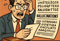 IMAGE: A cartoon-style illustration of a panicked lawyer holding a nonsensical legal document labeled “HALLUCINATIONS,” symbolizing the dangers of AI-generated errors in professional settings