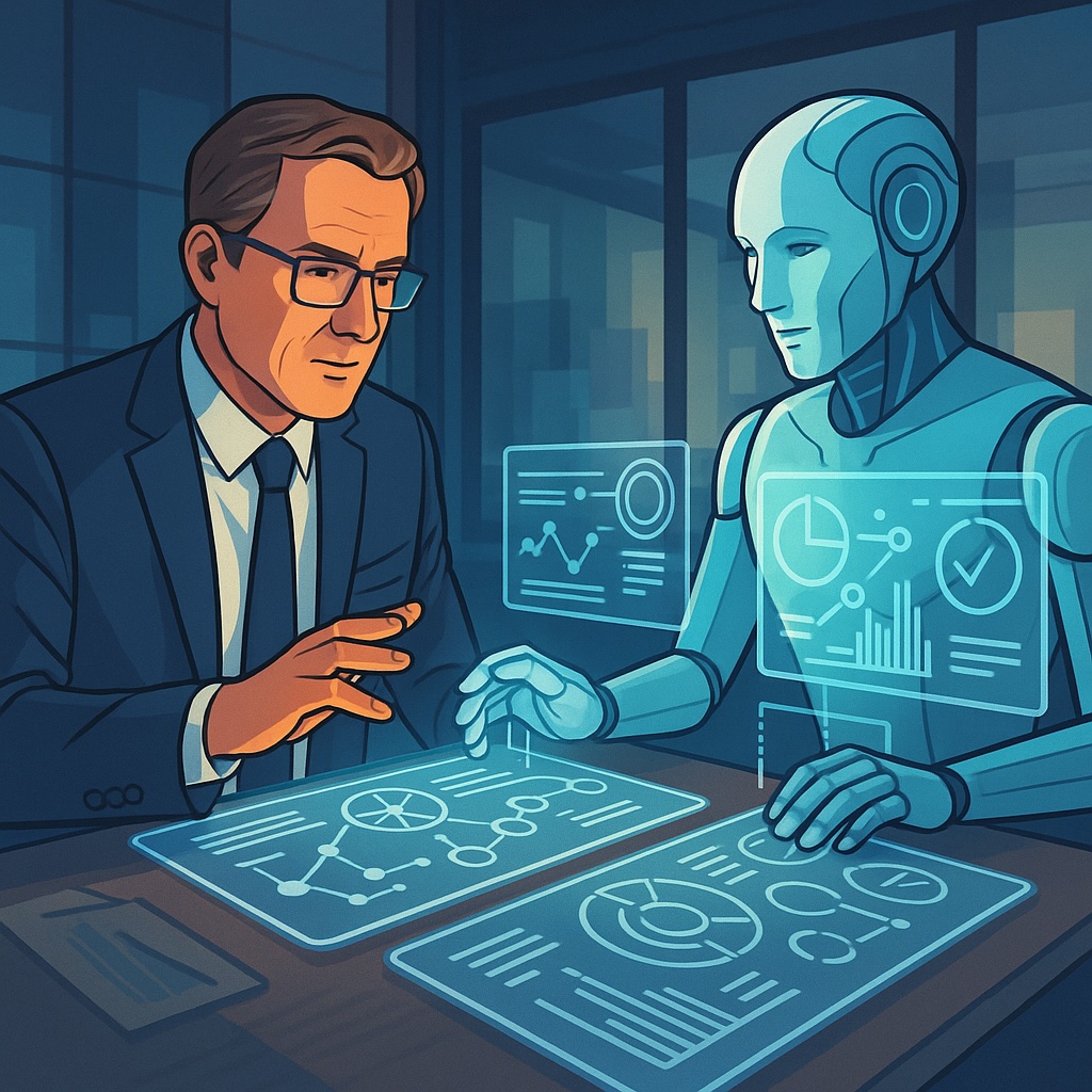 IMAGE: A human executive collaborating with a glowing AI figure over holographic data screens, symbolizing human–AI teamwork 