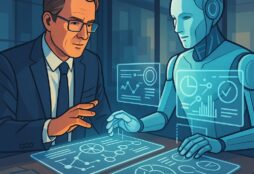 IMAGE: A human executive collaborating with a glowing AI figure over holographic data screens, symbolizing human–AI teamwork