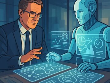 IMAGE: A human executive collaborating with a glowing AI figure over holographic data screens, symbolizing human–AI teamwork