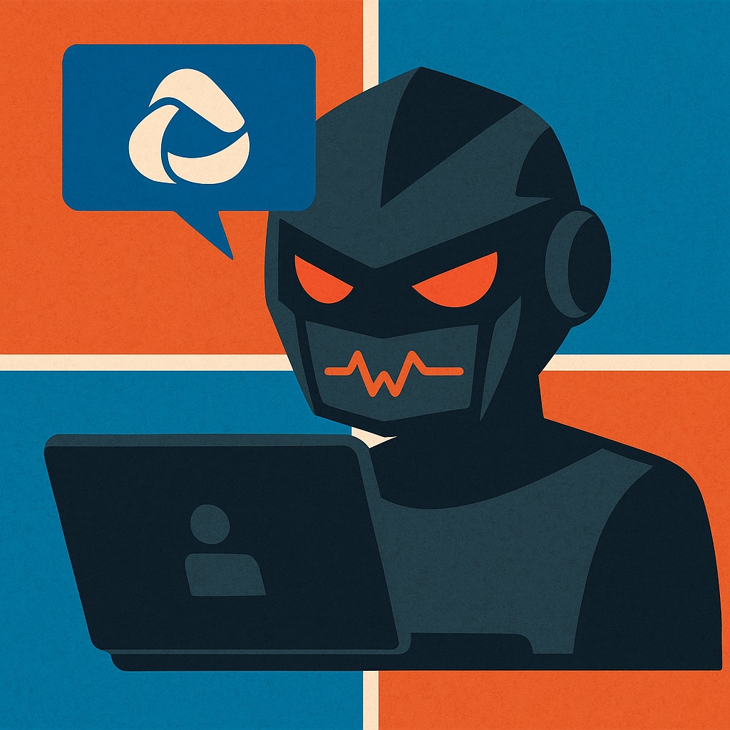 IMAGE: A stylized digital illustration of a robotic AI assistant with glowing red eyes working on a laptop, set against a backdrop of the Windows logo, evoking both intelligence and menace 