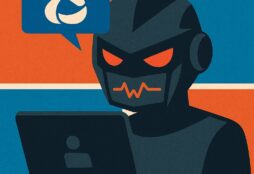 IMAGE: A stylized digital illustration of a robotic AI assistant with glowing red eyes working on a laptop, set against a backdrop of the Windows logo, evoking both intelligence and menace