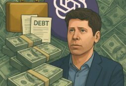 IMAGE: A caricature of Sam Altman surrounded by stacks of dollar bills, debt papers, and a golden briefcase, with the OpenAI logo looming behind — symbolizing wealth, power, and mounting financial pressure