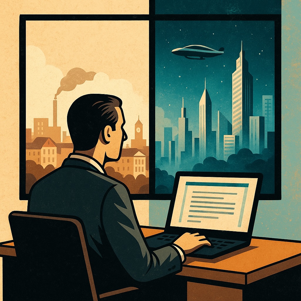 IMAGE: A person sits at a desk facing a window split between a traditional cityscape and a futuristic skyline, symbolizing the contrast between today's work reality and imagined technological futures 