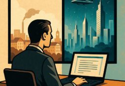 IMAGE: A person sits at a desk facing a window split between a traditional cityscape and a futuristic skyline, symbolizing the contrast between today’s work reality and imagined technological futures
