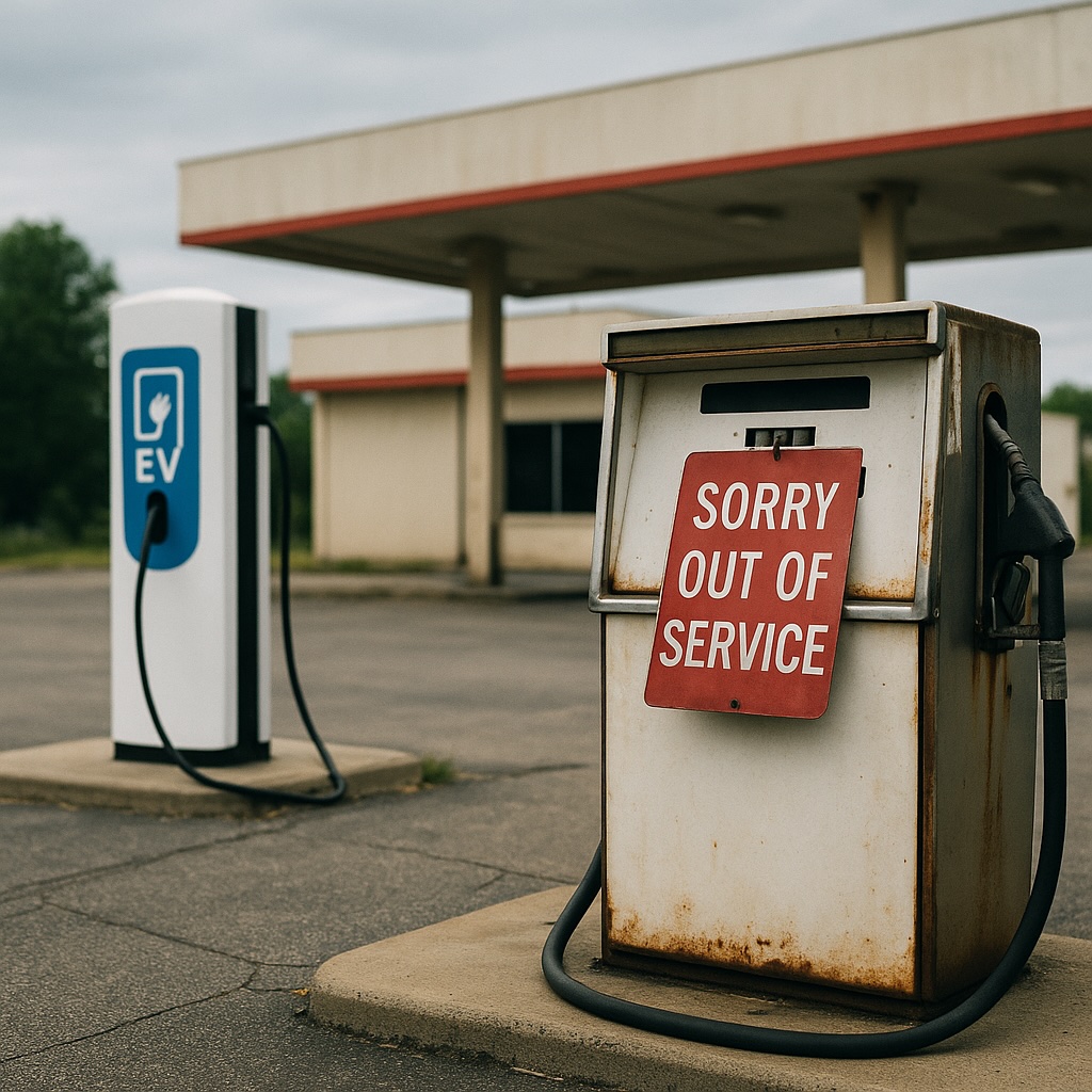 IMAGE: A rusted, out-of-service gas pump stands beside a clean EV charger at an abandoned fuel station  