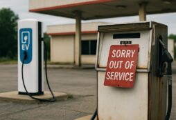 IMAGE: A rusted, out-of-service gas pump stands beside a clean EV charger at an abandoned fuel station