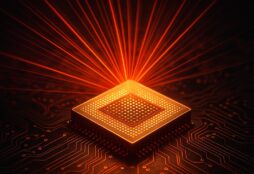 IMAGE: A glowing orange microchip emits beams of light across a dark circuit board, symbolizing China’s leap into light-based computing and innovation beyond traditional transistors