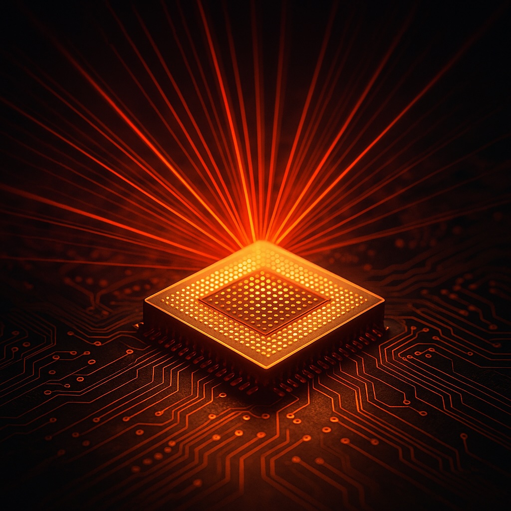 IMAGE: A glowing orange microchip emits beams of light across a dark circuit board, symbolizing China's leap into light-based computing and innovation beyond traditional transistors 