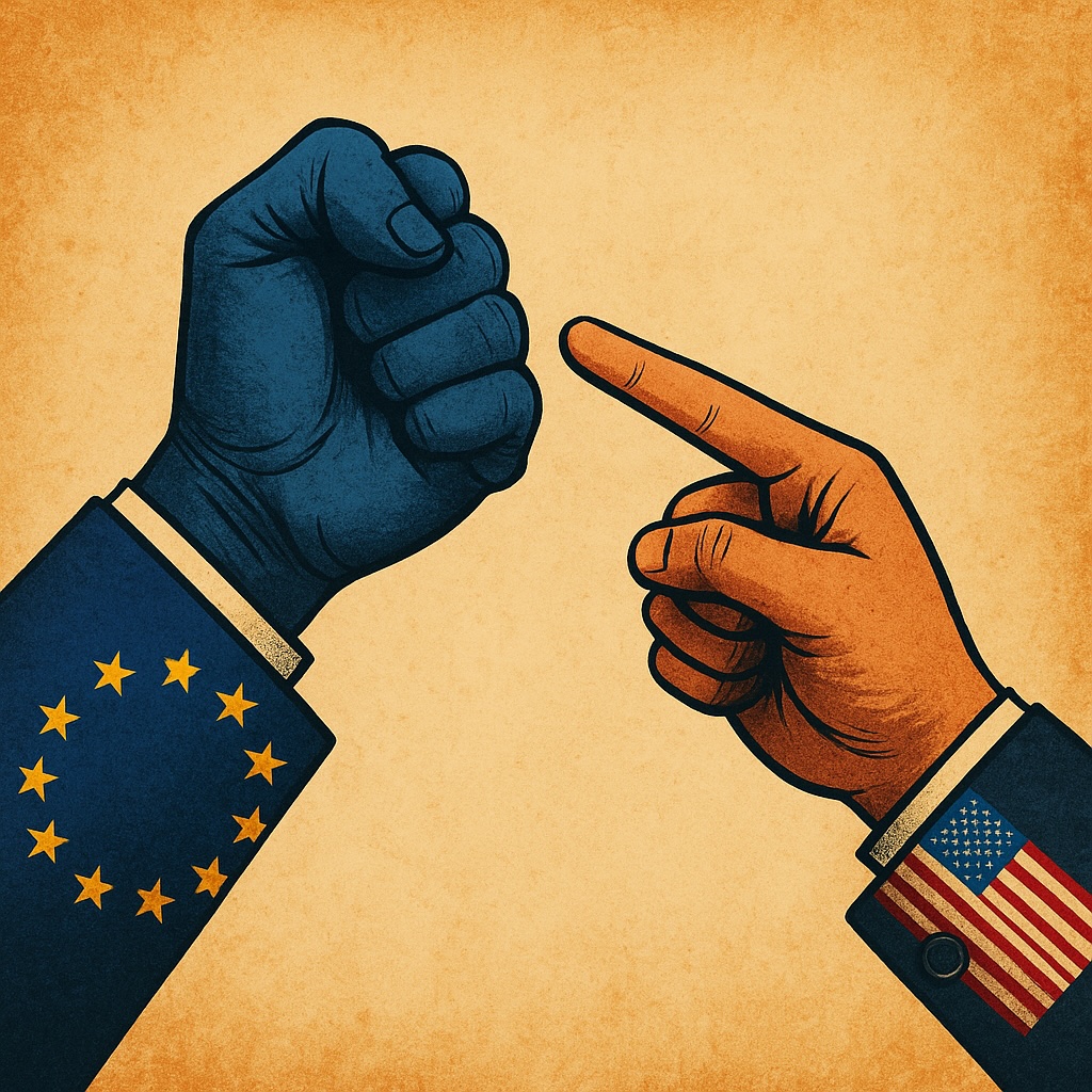 IMAGE: A blue EU fist faces a pointing U.S. hand, symbolizing political pressure and confrontation 
