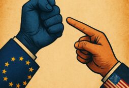 IMAGE: A blue EU fist faces a pointing U.S. hand, symbolizing political pressure and confrontation