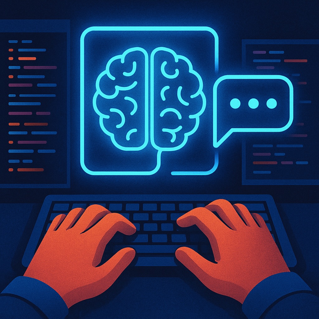 IMAGE: An illustration shows glowing blue outlines of a human brain and speech bubble hovering above a keyboard, as orange hands type. Streams of multicolored code surround the scene, symbolizing AI assisting in software creation 