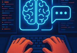 IMAGE: An illustration shows glowing blue outlines of a human brain and speech bubble hovering above a keyboard, as orange hands type. Streams of multicolored code surround the scene, symbolizing AI assisting in software creation
