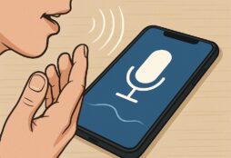 IMAGE: A person speaking softly into a smartphone displaying a large microphone icon, symbolizing the shift from typing to voice interaction in modern technology