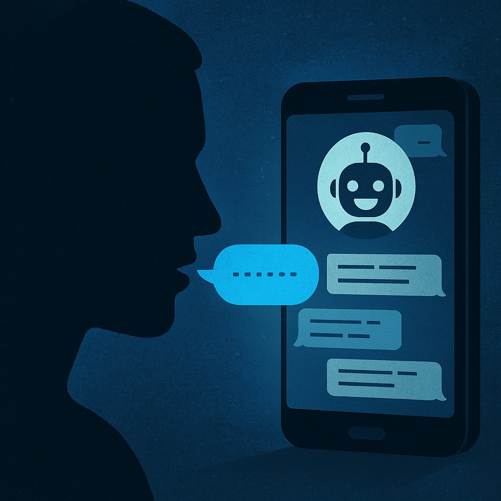 IMAGE: A person's silhouette speaks to a glowing smartphone showing a friendly chatbot, symbolizing how digital conversations with AI captivate human attention 