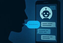 IMAGE: A person’s silhouette speaks to a glowing smartphone showing a friendly chatbot, symbolizing how digital conversations with AI captivate human attention