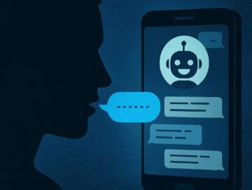 IMAGE: A person’s silhouette speaks to a glowing smartphone showing a friendly chatbot, symbolizing how digital conversations with AI captivate human attention