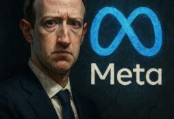 IMAGE: A dark, moody portrait of Mark Zuckerberg in a suit, illuminated from the side, standing before a glowing blue Meta logo against a cracked, textured wall, symbolizing power under scrutiny
