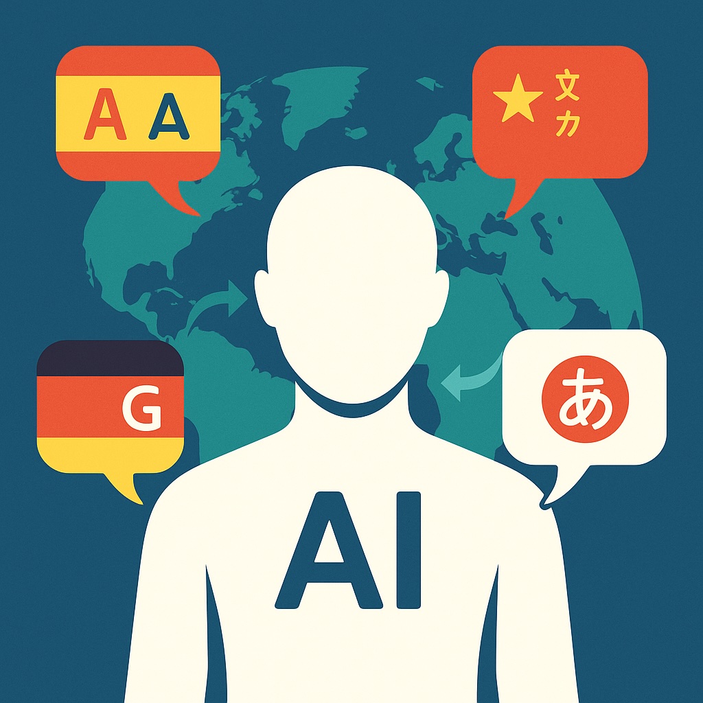 IMAGE: An AI silhouette at the center of a world map surrounded by speech bubbles in different languages, symbolizing multilingual and culturally aware AI