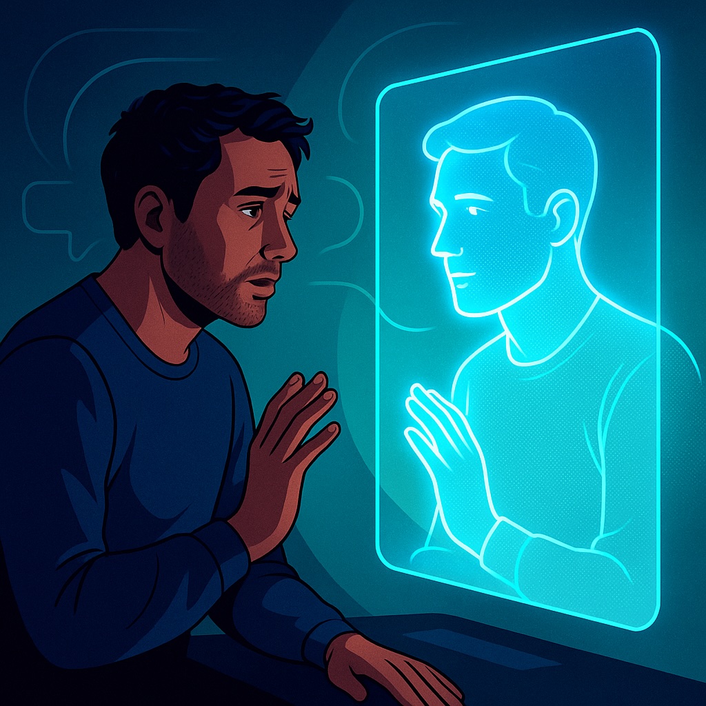 IMAGE: A man talking to a glowing AI reflection of himself through a screen, symbolizing artificial empathy and the illusion of AI therapy 