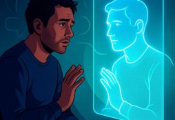 IMAGE: A man talking to a glowing AI reflection of himself through a screen, symbolizing artificial empathy and the illusion of AI therapy
