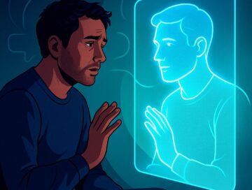 IMAGE: A man talking to a glowing AI reflection of himself through a screen, symbolizing artificial empathy and the illusion of AI therapy