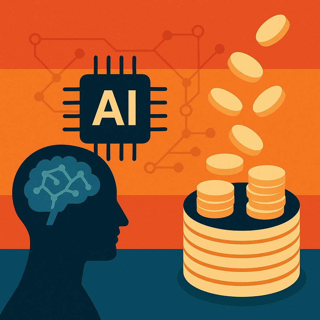 IMAGE: A human head silhouette with a neural network inside, an AI microchip in the center, and coins flowing into a stacked pile, symbolizing the link between artificial intelligence, language processing, and economic value 