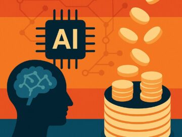 IMAGE: A human head silhouette with a neural network inside, an AI microchip in the center, and coins flowing into a stacked pile, symbolizing the link between artificial intelligence, language processing, and economic value