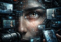 IMAGE: A hyper-realistic close-up of a human face partially obscured by layers of transparent digital interfaces, surveillance cameras, and glowing data streams, suggesting constant monitoring and invisible data extraction by artificial intelligence