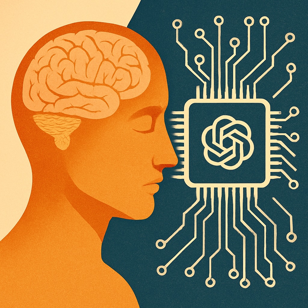 IMAGE: A split-frame illustration shows a human head with a brain on the left and a glowing AI microchip with circuit lines on the right, symbolizing the contrast between human thinking and artificial intelligence