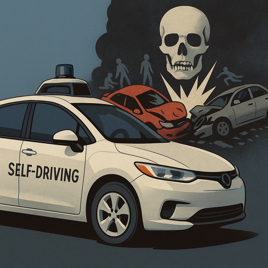 IMAGE: A white autonomous vehicle moves forward against a dark background filled with abstract silhouettes of car crashes, evoking the contrast between human-caused road deaths and the promise of safer self-driving technology 