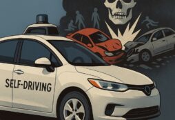 IMAGE: A white autonomous vehicle moves forward against a dark background filled with abstract silhouettes of car crashes, evoking the contrast between human-caused road deaths and the promise of safer self-driving technology