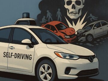 IMAGE: A white autonomous vehicle moves forward against a dark background filled with abstract silhouettes of car crashes, evoking the contrast between human-caused road deaths and the promise of safer self-driving technology