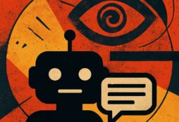 IMAGE: A stylized robot silhouette speaks while a large, watching eye looms behind it, conveying paranoia about AI-generated writing