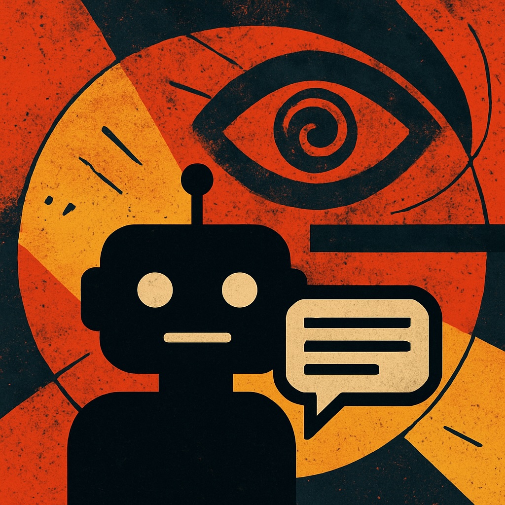 IMAGE: A stylized robot silhouette speaks while a large, watching eye looms behind it, conveying paranoia about AI-generated writing