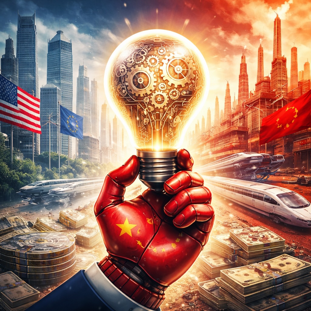 IMAGE: A symbolic illustration showing a glowing lightbulb filled with gears held by a red, robotic hand, with contrasting Western and Chinese cityscapes in the background, representing industrial power, speed, and technological rivalry 