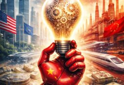 IMAGE: A symbolic illustration showing a glowing lightbulb filled with gears held by a red, robotic hand, with contrasting Western and Chinese cityscapes in the background, representing industrial power, speed, and technological rivalry