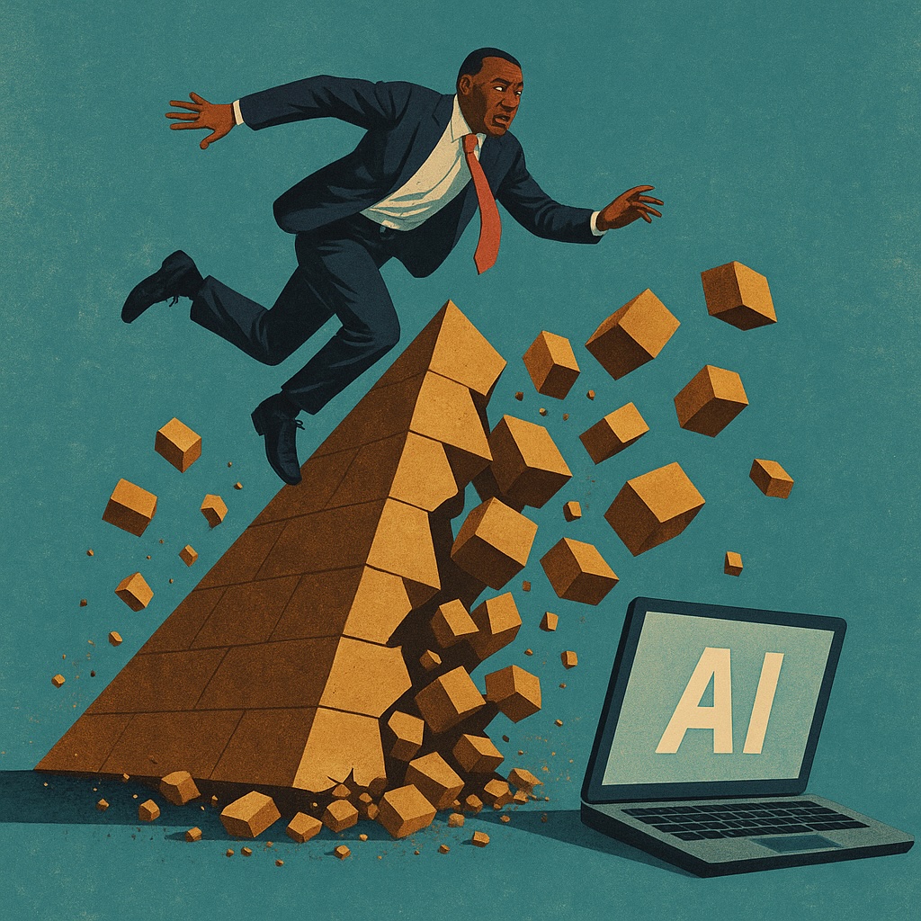 IMAGE: A crumbling stone pyramid collapses as an AI-powered laptop glows nearby, while a suited consultant leaps away in mid-air, symbolizing the disruption of traditional consulting structures by artificial intelligence 