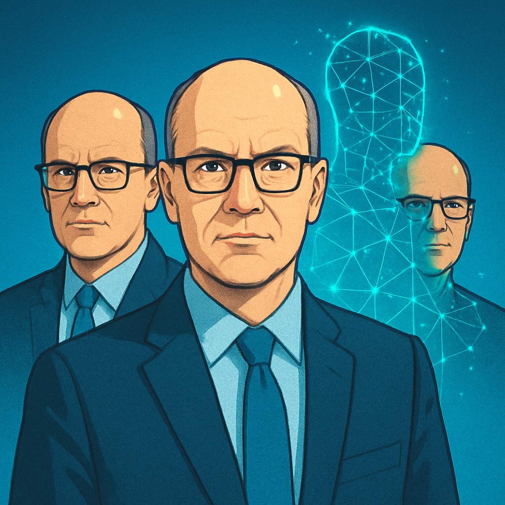 IMAGE: A business professional with multiple digital copies of himself, symbolizing AI colleagues and the rise of workplace digital clones
