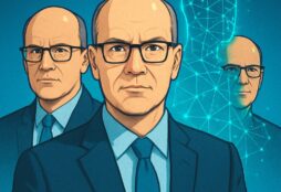 IMAGE: A business professional with multiple digital copies of himself, symbolizing AI colleagues and the rise of workplace digital clones