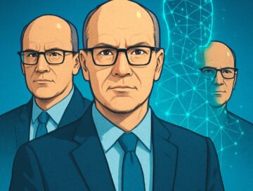 IMAGE: A business professional with multiple digital copies of himself, symbolizing AI colleagues and the rise of workplace digital clones