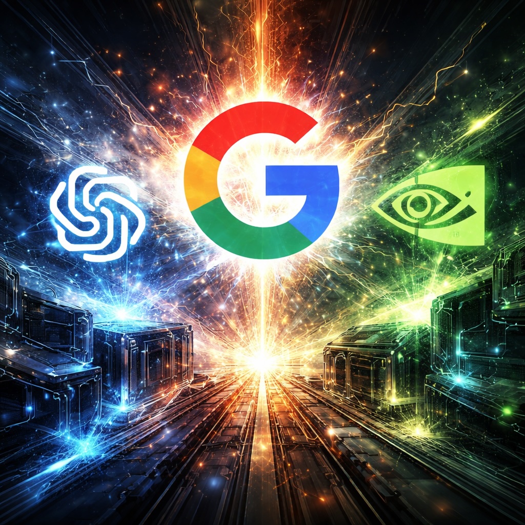 IMAGE: A dramatic, abstract illustration of three powerful AI forces confronting each other over a glowing, futuristic digital landscape