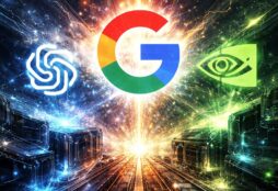 A dramatic, abstract illustration of three powerful AI forces confronting each other over a glowing, futuristic digital landscape