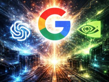 A dramatic, abstract illustration of three powerful AI forces confronting each other over a glowing, futuristic digital landscape