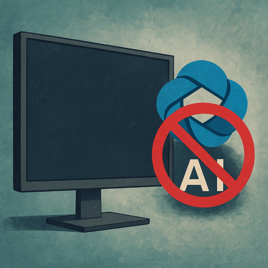 IMAGE: A computer monitor stands beside a crossed-out AI assistant icon, suggesting rejection of forced smart-TV software 