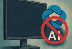 IMAGE: A computer monitor stands beside a crossed-out AI assistant icon, suggesting rejection of forced smart-TV software